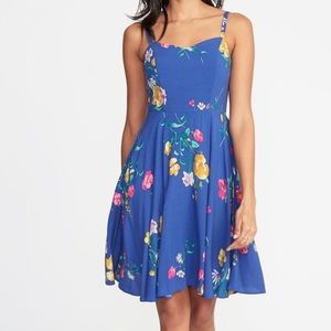 NWOT blue floral print summer dress, smocked back